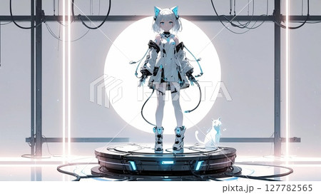 未来的なヘッドセットを装着したアンドロイド少女のイラスト 127782565
