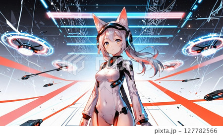 ピンクとブルーの光に包まれた未来少女のイラスト 127782566