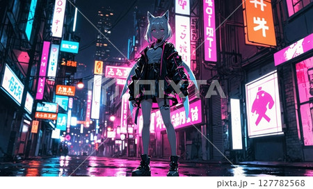 白い世界に佇む耳付きアンドロイド少女のイラスト 127782568