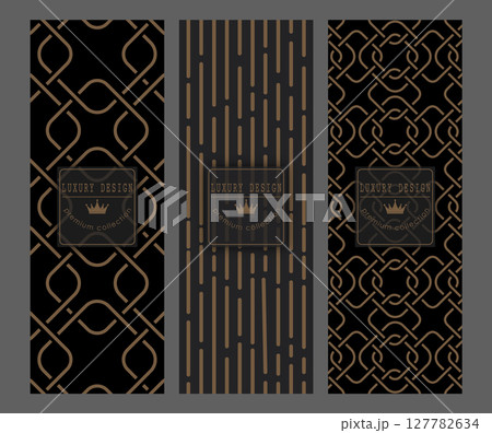 A set of gold abstract patterns on a black background. Template for packaging design, cover, invitation, banner and creative idea 127782634