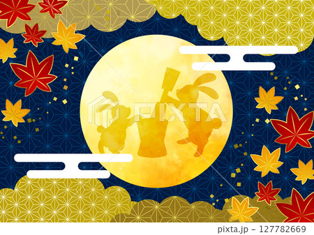 文様紅葉と満月の十五夜お月見背景、横、イラスト、かわいい、うさぎ 127782669
