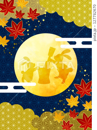 文様紅葉と満月の十五夜お月見背景、縦、イラスト、かわいい、うさぎ 127782670