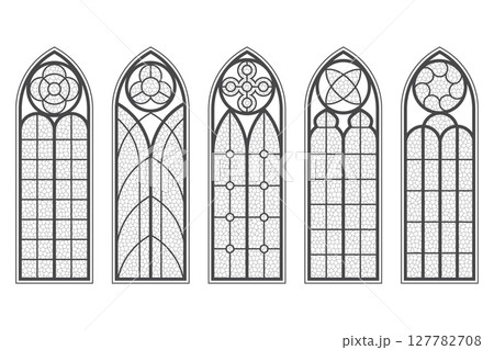 Gothic church windows with medieval pattern. Architecture vintage stained glass arches. Catholic cathedral and castle door silhouettes on white background. Chapel interior decorations. 127782708