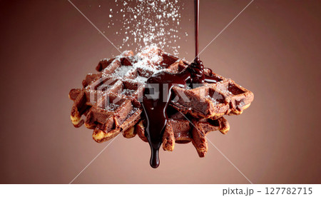 チョコレートソースがかかったワッフルの背景 チョコレートソースがかかったワッフルの背景 127782715