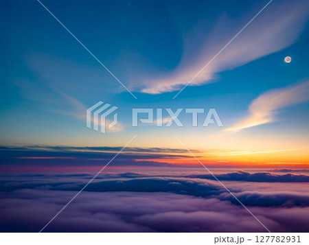 月が浮かぶ夕焼け空、地平線まで広がる雲の景色2 127782931