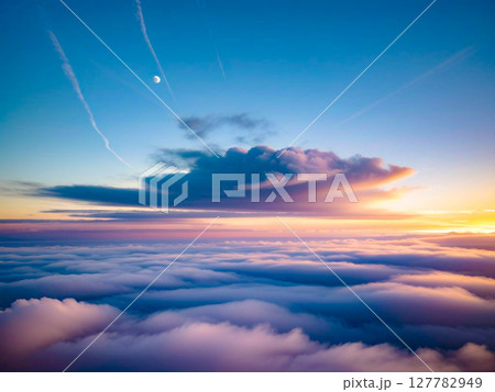 月が浮かぶ夕焼け空、地平線まで広がる雲の景色3 127782949