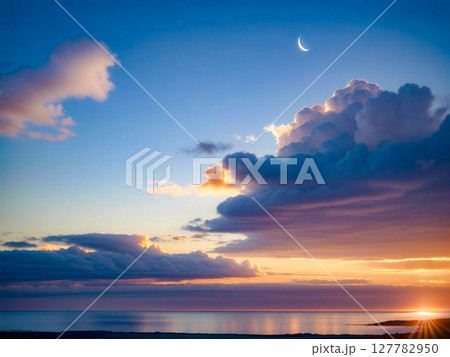 月が浮かぶ夕焼け空、地平線まで広がる雲の景色4 127782950