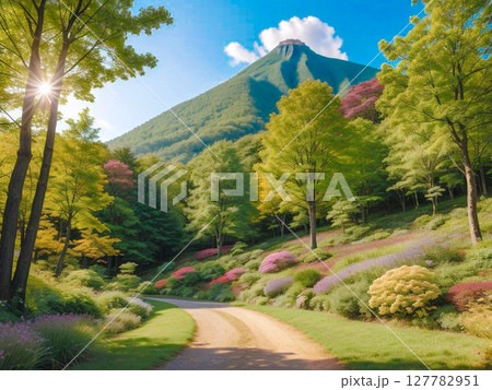 富士山を望む庭園、紅葉と新緑とカラフルな花1 127782951