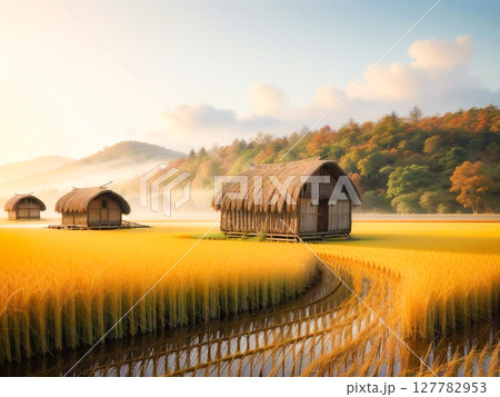 朝日に輝く黄金の田んぼ、霧の中に浮かぶ茅葺き屋根の田舎風景1 127782953