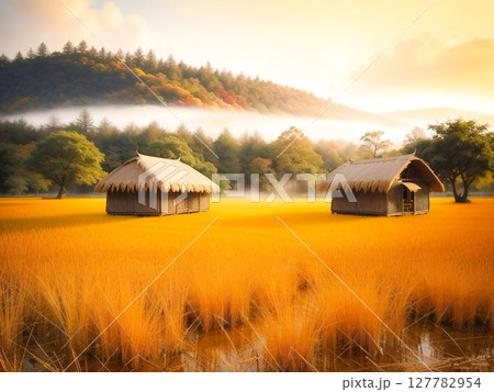 朝日に輝く黄金の田んぼ、霧の中に浮かぶ茅葺き屋根の田舎風景2 127782954