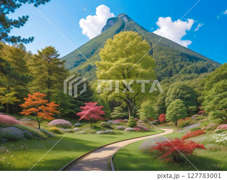 山を望む公園、カラフルな花と新緑の中を歩く道 127783001