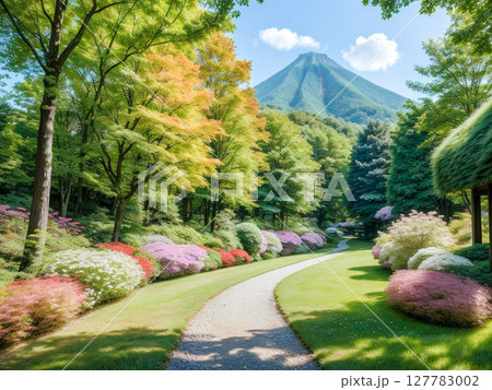 山を望む公園、カラフルな花と新緑の中を歩く道 127783002