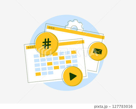 Social media content calendar - marketers manage hashtag scheduling, email campaigns and content planning tools. Social media content calendar improves video publishing workflow vector illustration 127783016
