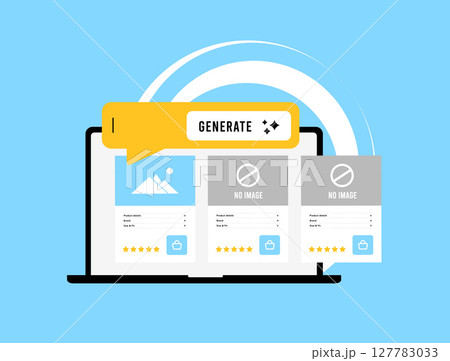 AI-generated product image tools support automated e-commerce content generation. Ai generated product image helps improve content creation workflows. Flat design vector illustration AI-generated product image tools support automated e-commerce content generation. Ai generated product image helps improve content creation workflows. Flat design vector illustration 127783033