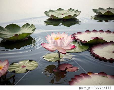 朝霧の池に咲く蓮の花、静かな森の水鏡2 127783111