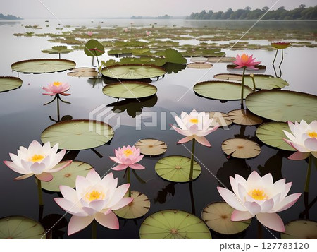 朝霧の池に咲く蓮の花、静かな森の水鏡11 127783120