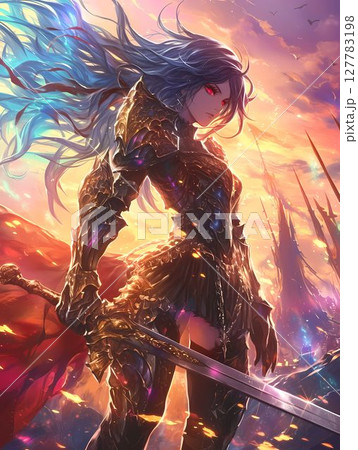 炎に舞う青い髪、赤い瞳の鎧の女剣士3 127783198