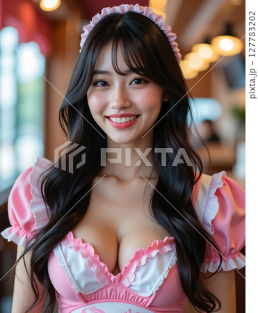 メイド喫茶で働くピンクのユニフォーム姿の女性スタッフ 127783202