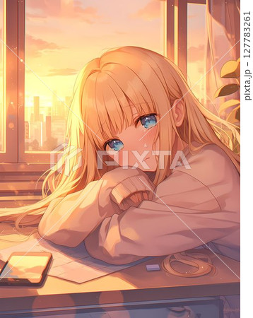 夕焼けに染まる部屋、頬杖をつく金髪の女の子1 127783261
