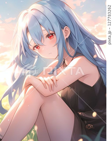 夕暮れの光が差す草原、座る青い髪と赤い瞳の女の子 127783262