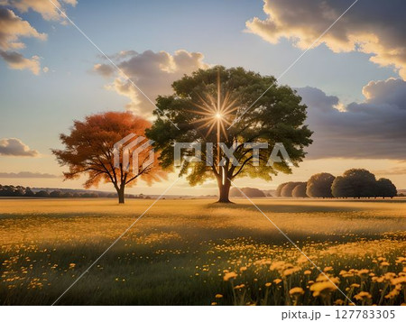 夕日に輝く花畑、光が差し込む紅葉と緑の木 127783305