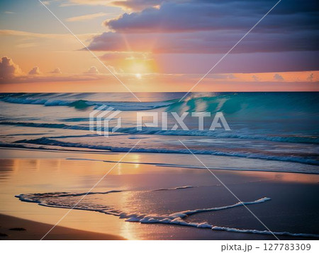雲間から差す夕日、光が反射する波打ち際 127783309
