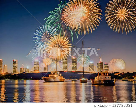 夜空に咲く大きな花火、橋の下の川に映る美しい夜景 127783351