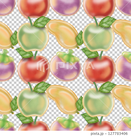 Seamless pattern of  Fruit Shaped Mung Bean Mung bean paste molded into small fruit shapes, with hand drawn style cartoon. 127783406