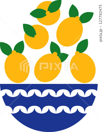 Vase with lemon drawn with simple shapes. Vintage Mediterranean bowl filled with lemons. Blue bowl, fancy Italian tableware. Perfect for kitchen decor, menu, packaging, pattern, card, poster design. Vase with lemon drawn with simple shapes. Vintage Mediterranean bowl filled with lemons. Blue bowl, fancy Italian tableware. Perfect for kitchen decor, menu, packaging, pattern, card, poster design. 127783475