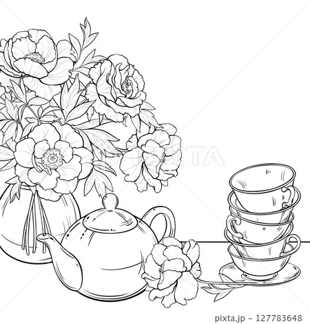 Cup of Tea and Teapot Outline Illustration. Cup of Tea and Teapot Outline Illustration. 127783648