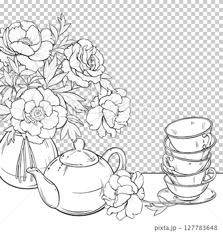 Cup of Tea and Teapot Outline Illustration. Cup of Tea and Teapot Outline Illustration. 127783648