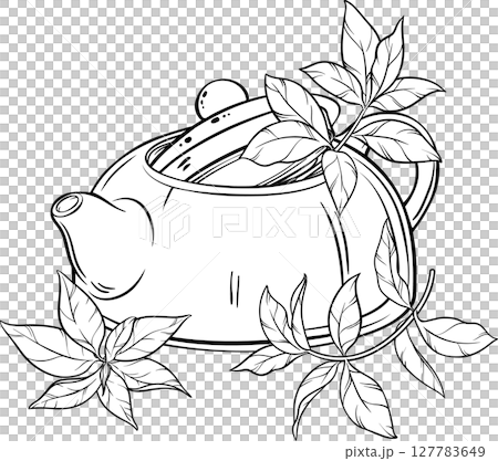 Teapot and Tea Leaves Outline Illustration Teapot and Tea Leaves Outline Illustration 127783649