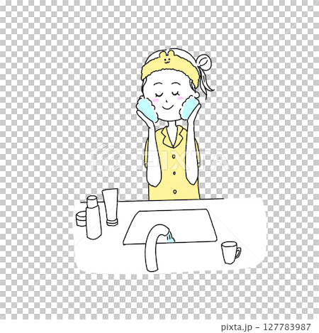 洗面所で顔を洗う女性 127783987