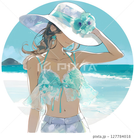 白い帽子をかぶったビキニの女性が海にいる 127784018
