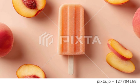 Fresh Peach Ice Popsicle Surrounded by Juicy Peach Slices 127784169