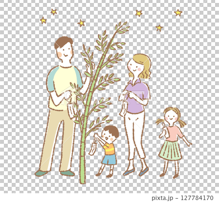 Illustration of a family enjoying Tanabata with wishes written on paper strips 127784170