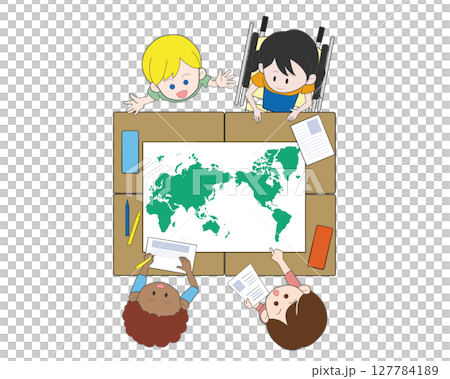 世界地図を見る子どもたち 127784189