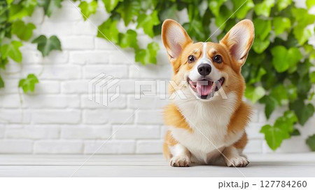 爽やかなグリーンを背景に笑顔を見せるコーギー 爽やかなグリーンを背景に笑顔を見せるコーギー 127784260