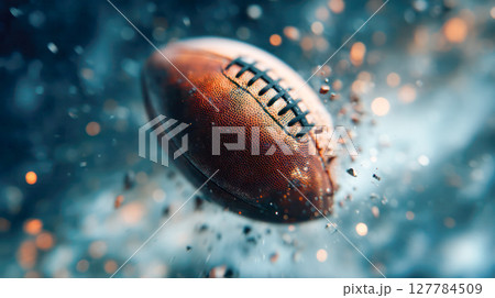 Dynamic football in motion, surrounded by flying debris and sparks, capturing the intensity and excitement of the game atmosphere 127784509
