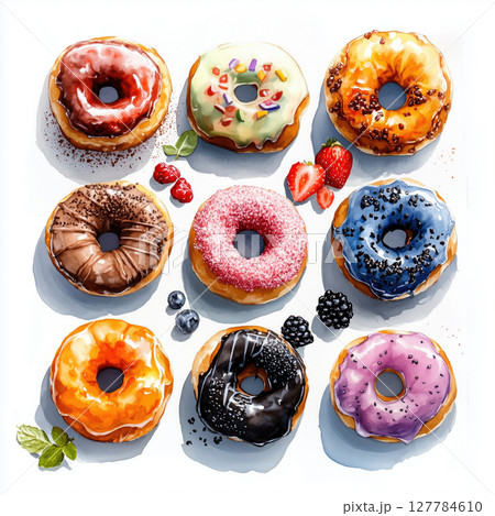 Delicious selection of assorted donuts with various toppings and designs Delicious selection of assorted donuts with various toppings and designs 127784610