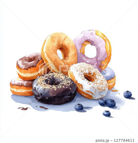 Delicious selection of assorted donuts with various toppings and designs Delicious selection of assorted donuts with various toppings and designs 127784611