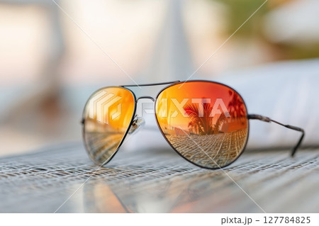 Stylish aviator sunglasses on a beach lounge with palm reflections 127784825