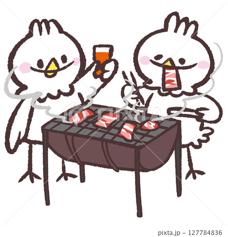 バーベキューをする白い鳥のイラスト 127784836