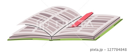 Open Book in Flat Style on White Background. Back to School. Textbook with Bookmark. Ideal for Education Graphics, Web Banners, Blog Illustrations and Sticker Designs 127784848