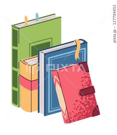 Stack of Standing Books in Flat Style on White Background. School Textbook Pile for Education Themes, Back to School Campaigns, Library Decor, and Bookshop Graphics. Design for Posters, Websites Stack of Standing Books in Flat Style on White Background. School Textbook Pile for Education Themes, Back to School Campaigns, Library Decor, and Bookshop Graphics. Design for Posters, Websites 127784852