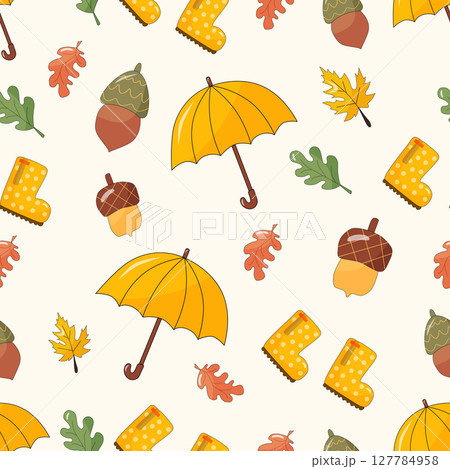 Autumn. Maple leaf, oak, acorn, rubber boots, umbrella. Hand drawn vector icons set 127784958