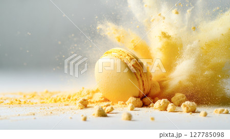 Yellow macaron bursting with powdered sugar, creating a vibrant explosion of color and texture against a soft, blurred background, showcasing culinary artistry 127785098