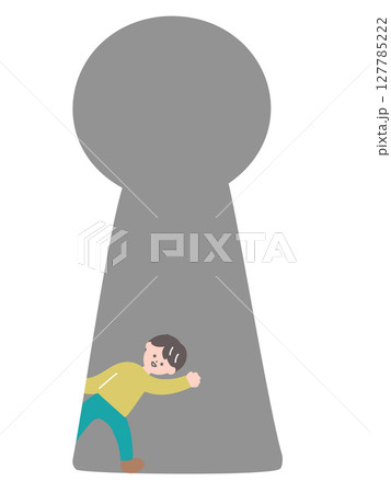 鍵穴から男性がひょっこり出てくるイラスト　大きな鍵穴と小さい人物 127785222
