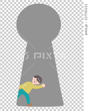 鍵穴から男性がひょっこり出てくるイラスト　大きな鍵穴と小さい人物 127785222