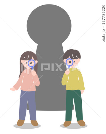 大きな鍵穴の前で虫眼鏡を覗く若い私服の男女 大きな鍵穴の前で虫眼鏡を覗く若い私服の男女 127785226